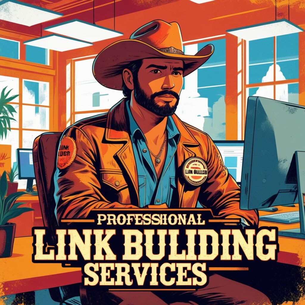 Illustration of a professional link builder in a cowboy hat working at a computer, representing expert link building services.