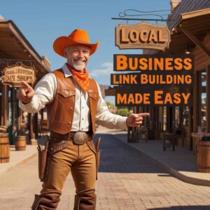 Friendly cowboy in western town showing connected business signs representing easy local Tier 2 link building for small businesses