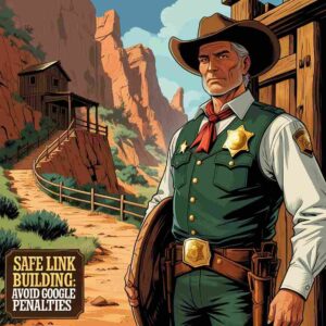 Sheriff cowboy with protective shield representing safe Tier 2 link building strategies that avoid Google SEO penalties