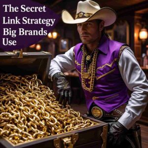 Mysterious cowboy with treasure chest of golden chains representing secret Tier 2 link building strategies used by major brands