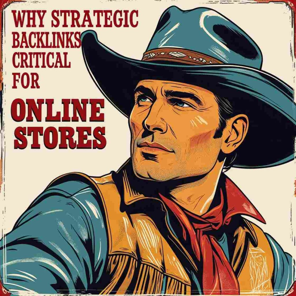 Cowboy illustration with text overlay symbolizing strategic backlinks for ecommerce websites