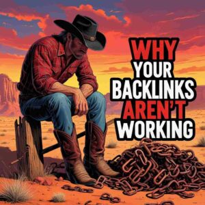 Frustrated cowboy examining broken chain links representing ineffective backlinks that need Tier 2 amplification for better SEO results
