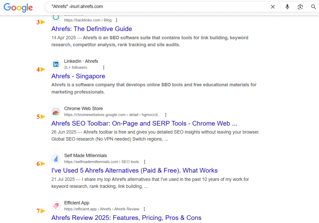 Example of using Google search operator ‘Ahrefs -inurl:ahrefs.com’ to find backlinks from third-party blogs, reviews, and SEO tool sites.