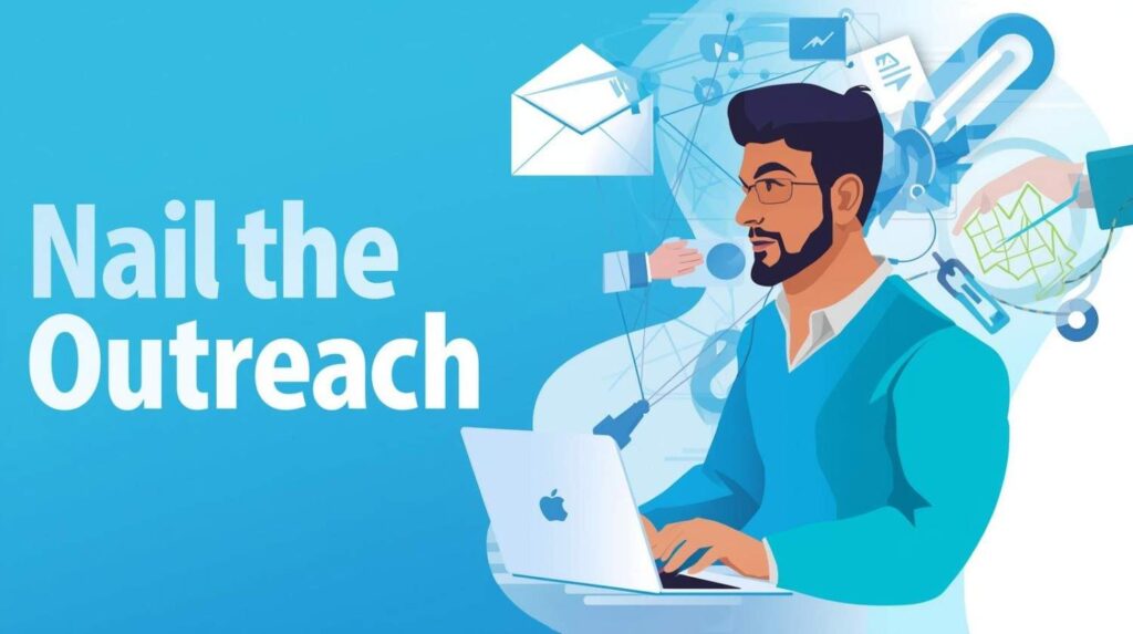 Illustration of a person doing email outreach for backlinks with SEO icons around