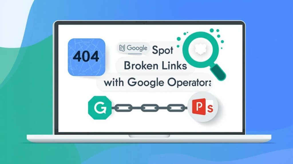 Illustration showing a laptop with broken links and SEO icons to find backlink opportunities