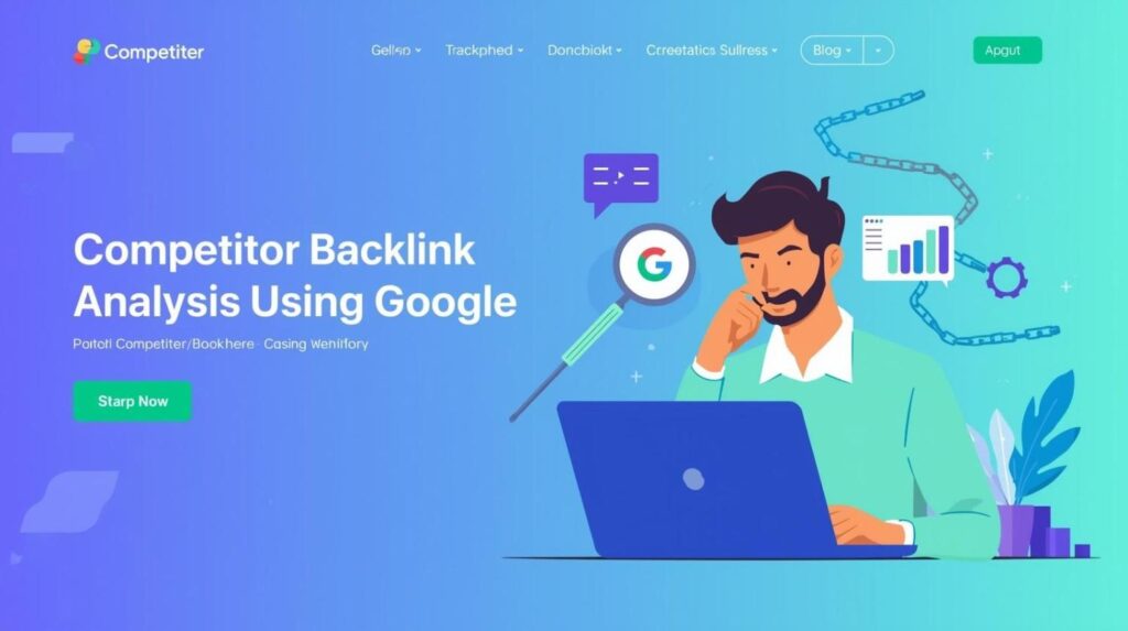 Illustration of a person analyzing competitor backlinks on Google with SEO icons