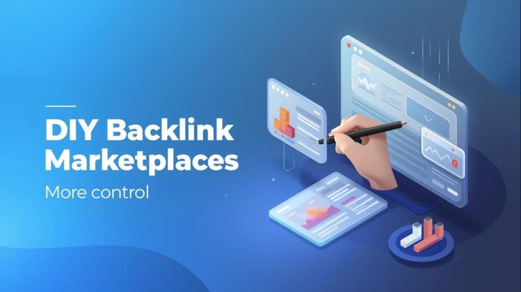 SEO dashboard illustration showing DIY backlink marketplace options