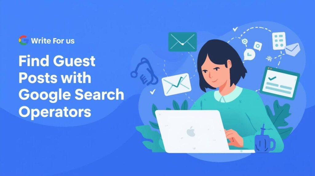 Illustration of a person finding guest post opportunities on a laptop using Google search