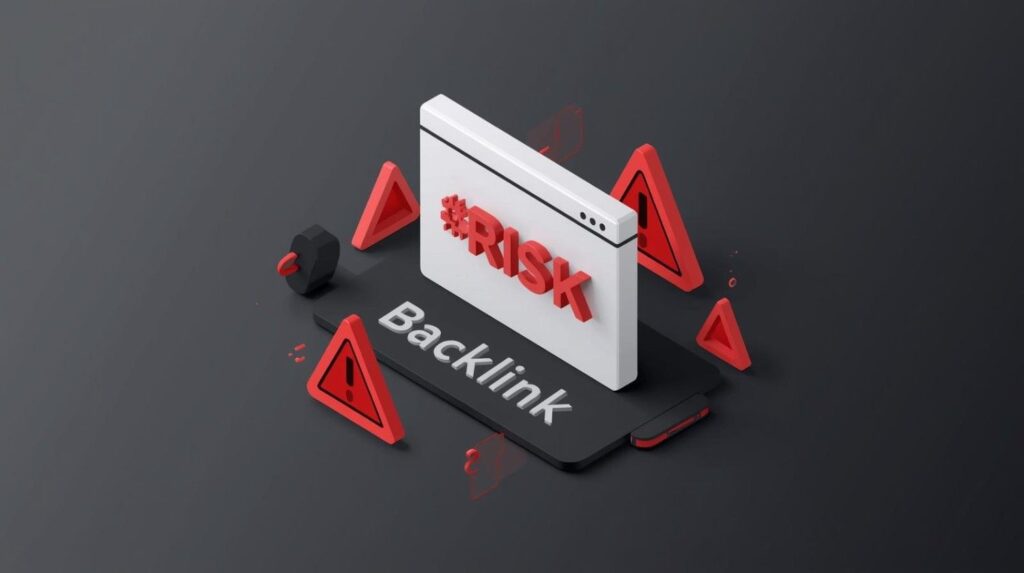 Website illustration with warnings representing risks of buying backlinks